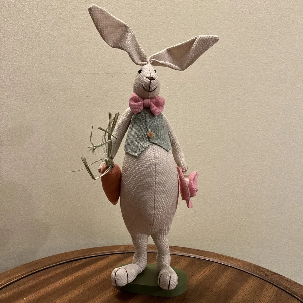 Rabbit Bunny Figurine Plush Standing Spring Easter Decor Vest Bow Tie
